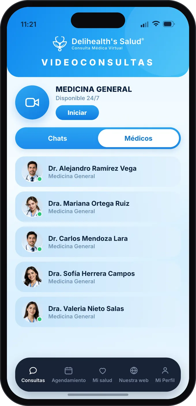 Pantalla de videoconsultas de la App Delihealth's con la lista de médicos disponibles.