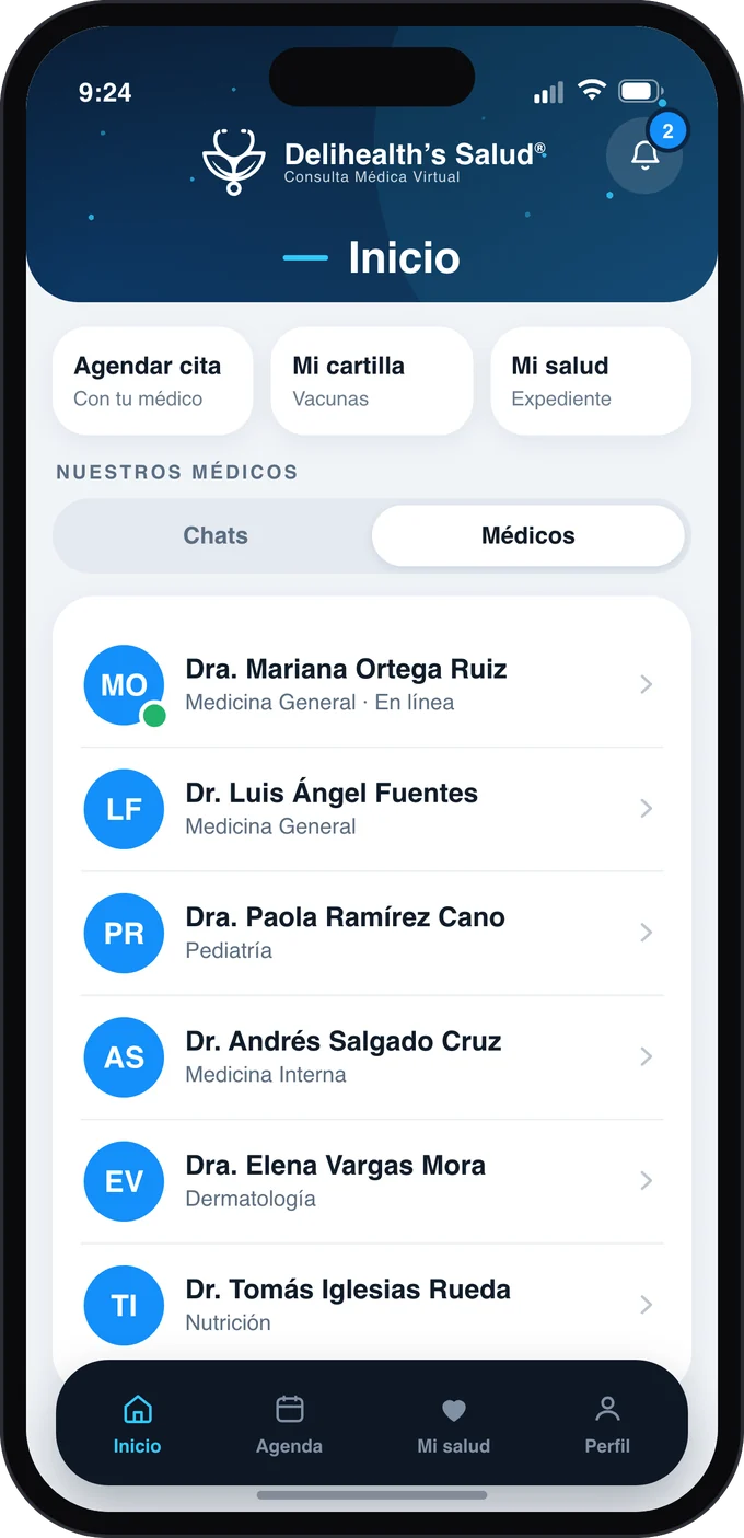 Pantalla de videoconsultas de la App Delihealth’s con la lista de médicos disponibles.