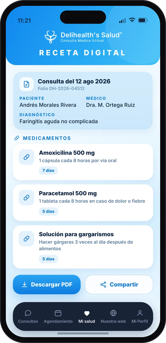 Receta electrónica emitida desde la App Delihealth's.