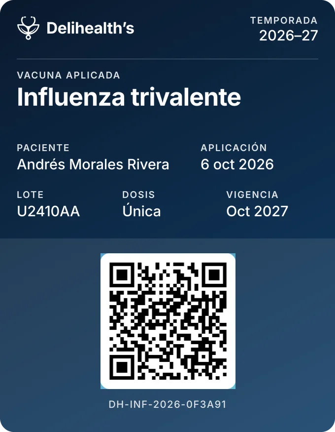 Certificate for an influenza vaccine administered by Delihealth’s, with a verifiable reference number and QR code.