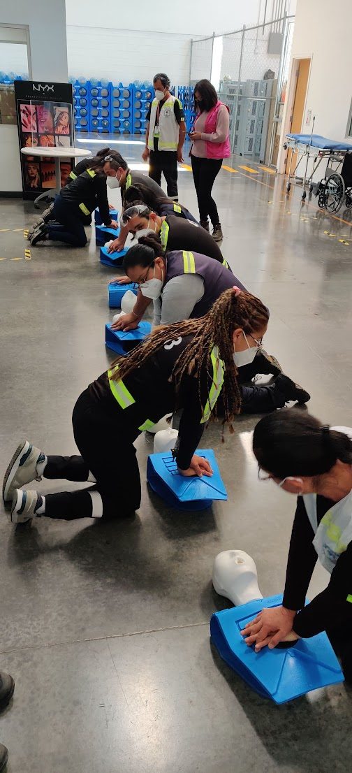 Personal de una empresa practicando reanimación cardiopulmonar con maniquíes durante una capacitación de Delihealth's.
