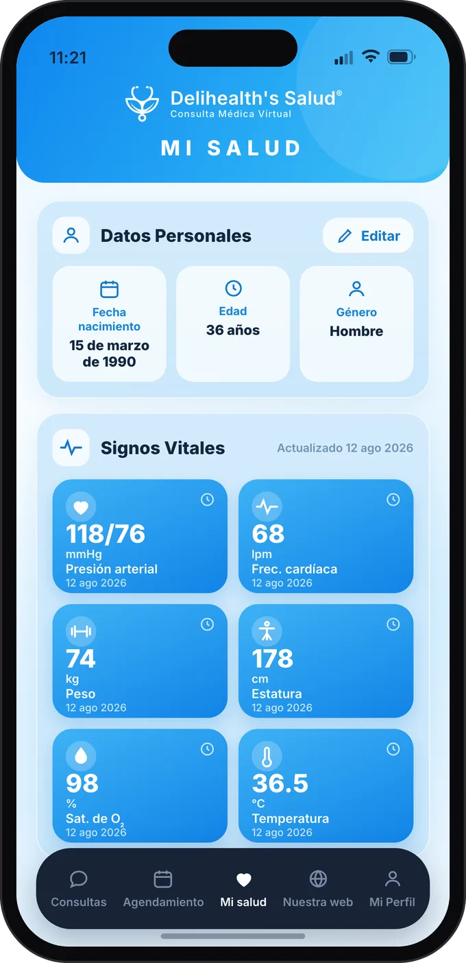 Pantalla «Mi salud» de la App Delihealth's con datos personales y signos vitales: presión, frecuencia cardiaca, peso, estatura, saturación y temperatura.