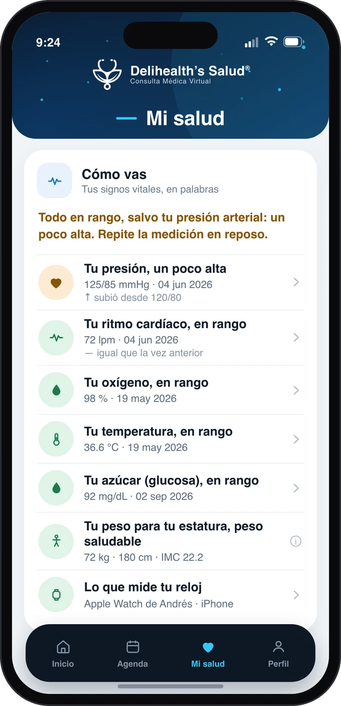 Pantalla «Mi salud» de la App Delihealth’s con datos personales y signos vitales: presión, frecuencia cardiaca, peso, estatura, saturación y temperatura.