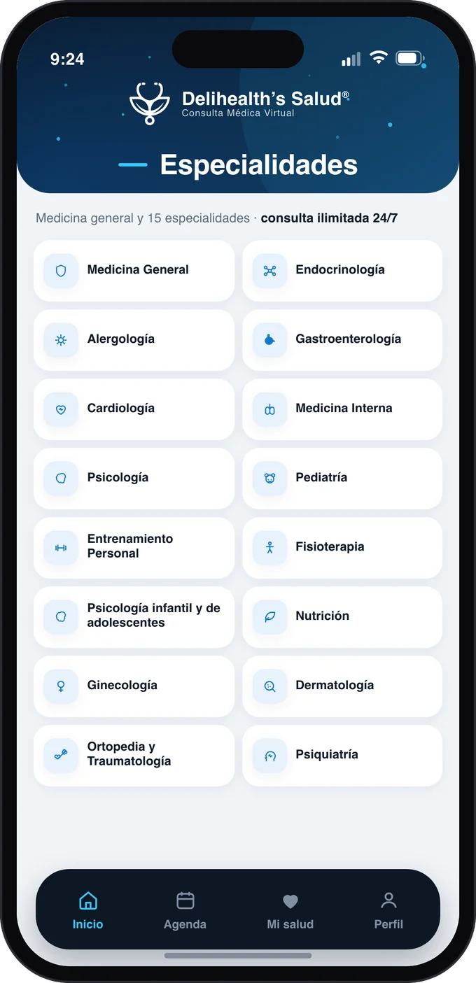 Pantalla de especialidades de la App Delihealth’s: medicina general y 15 especialidades, con consulta ilimitada 24/7.
