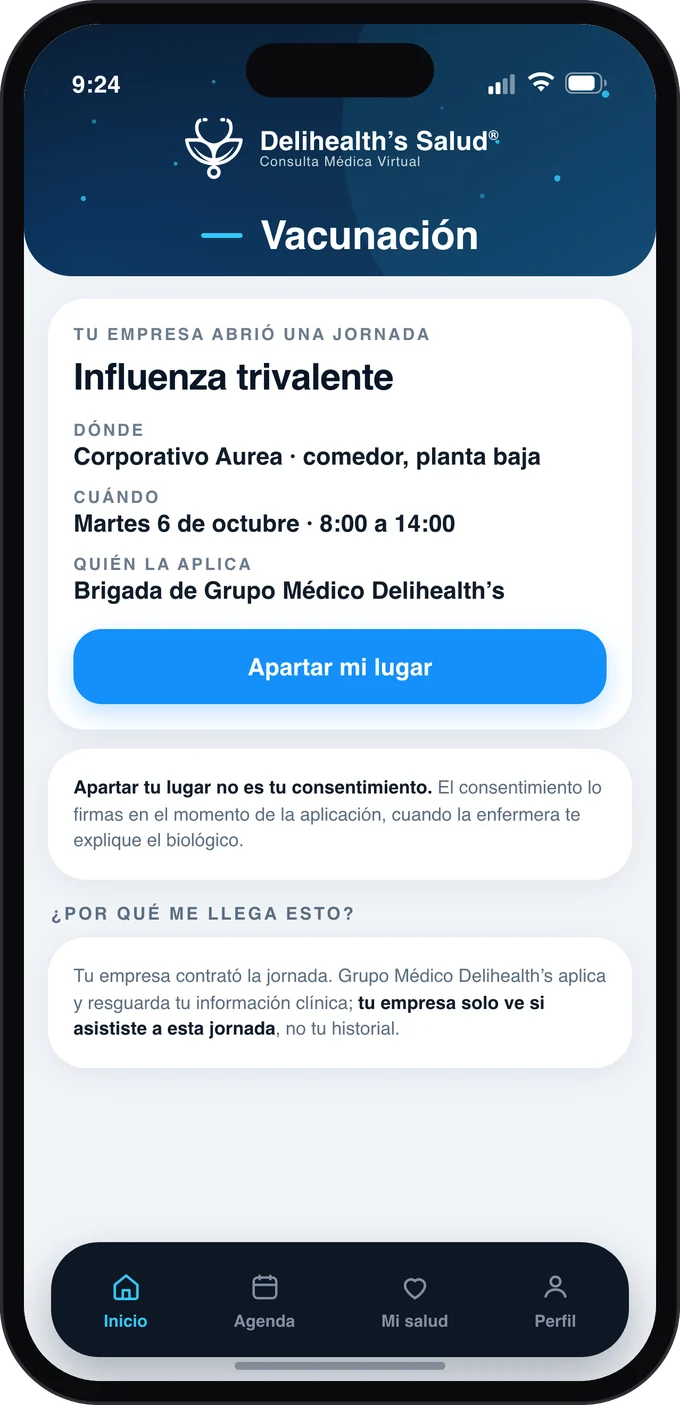Delihealth’s App screen: the company has opened an influenza clinic and the employee reserves their slot.