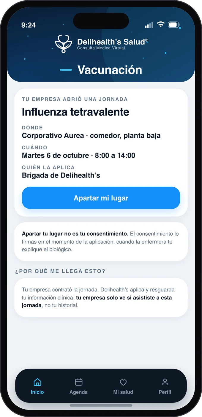 Pantalla de la App Delihealth’s que avisa que la empresa abrió una jornada de influenza tetravalente, con lugar, fecha y horario, y el botón para apartar lugar.