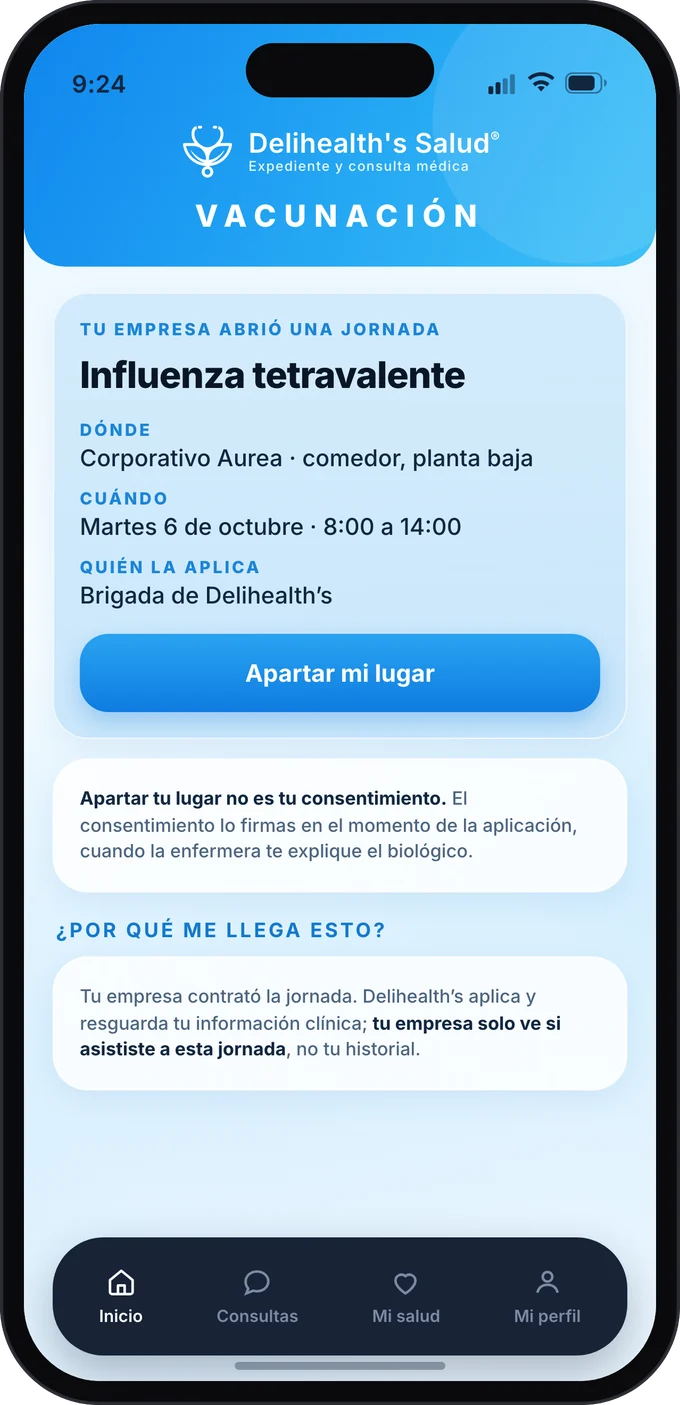 Pantalla de la App Delihealth's que avisa que la empresa abrió una jornada de influenza tetravalente, con lugar, fecha y horario, y el botón para apartar lugar.