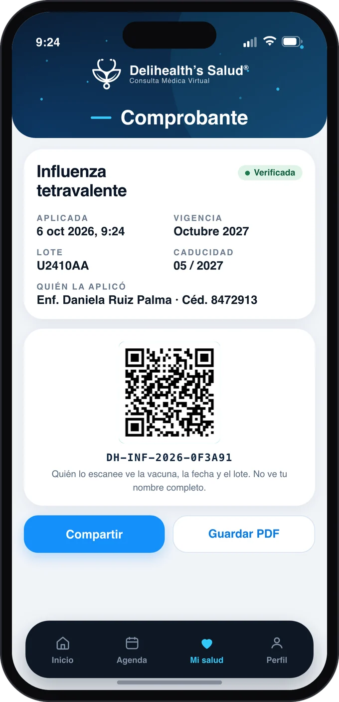 Comprobante de vacunación en la app con folio DH-INF-2026-0F3A91, código QR, fecha de aplicación, lote, vigencia y quién la aplicó.