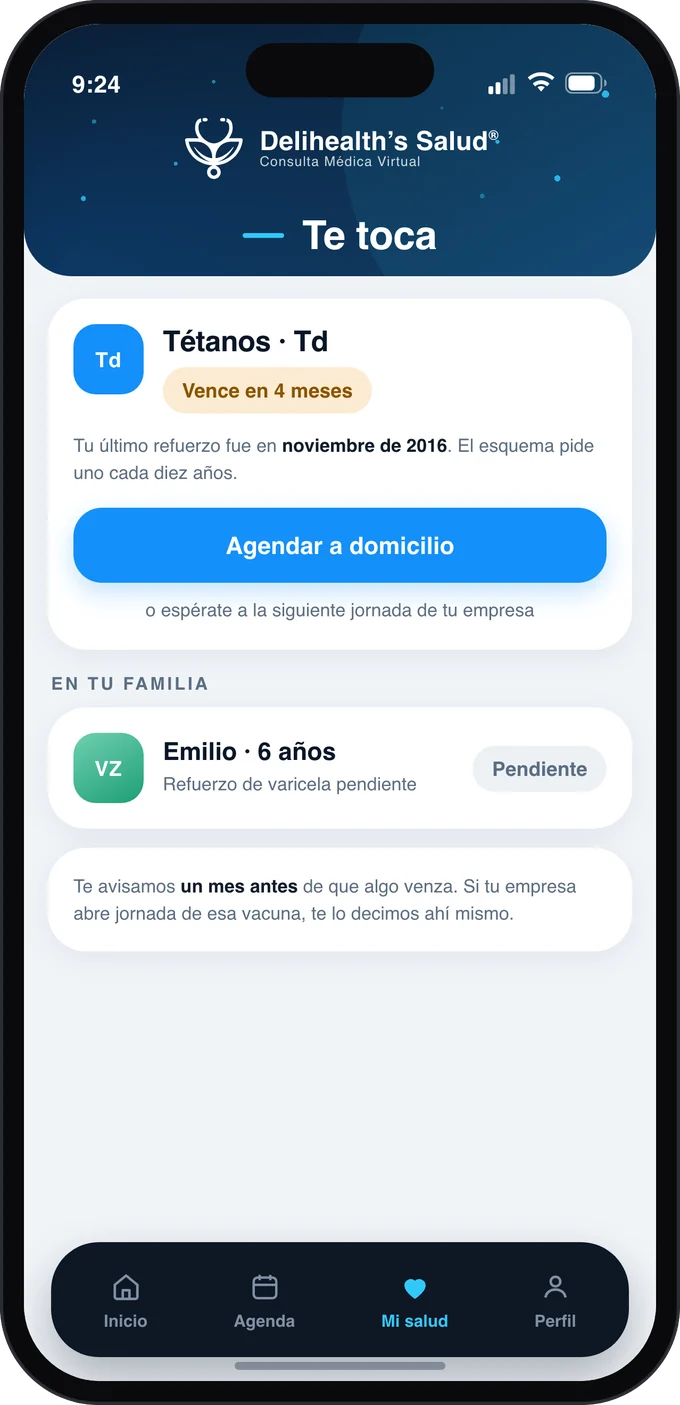 Pantalla «Te toca» con el refuerzo de tétanos que vence en cuatro meses y la vacuna pendiente de un familiar.