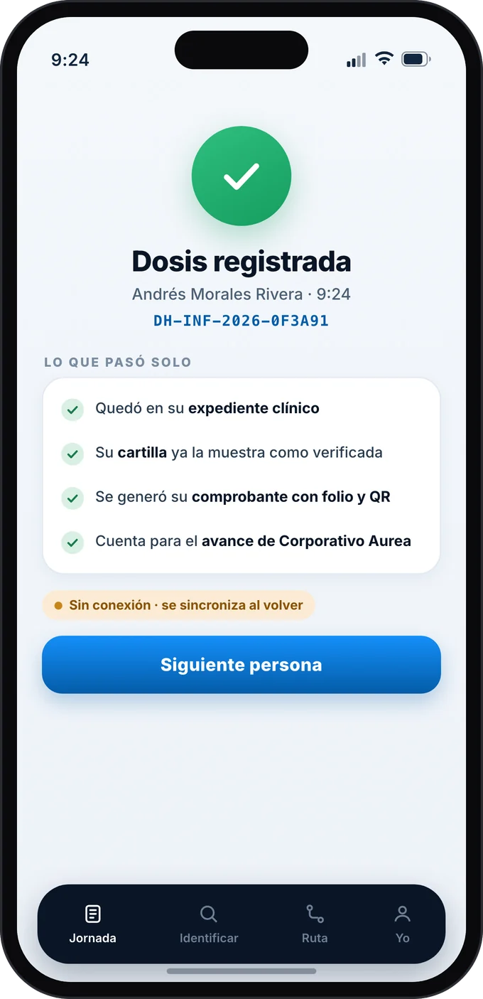 App de la brigada: dosis registrada para Andrés Morales Rivera con folio, lo que quedó hecho automáticamente y aviso de que se sincroniza al recuperar señal.
