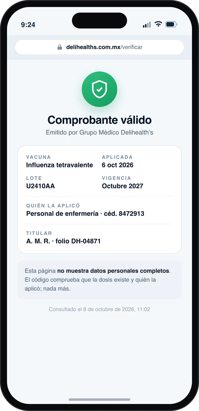 Página pública de verificación: comprobante válido emitido por Grupo Médico Delihealth’s, con vacuna, fecha, lote, vigencia y las iniciales del titular.