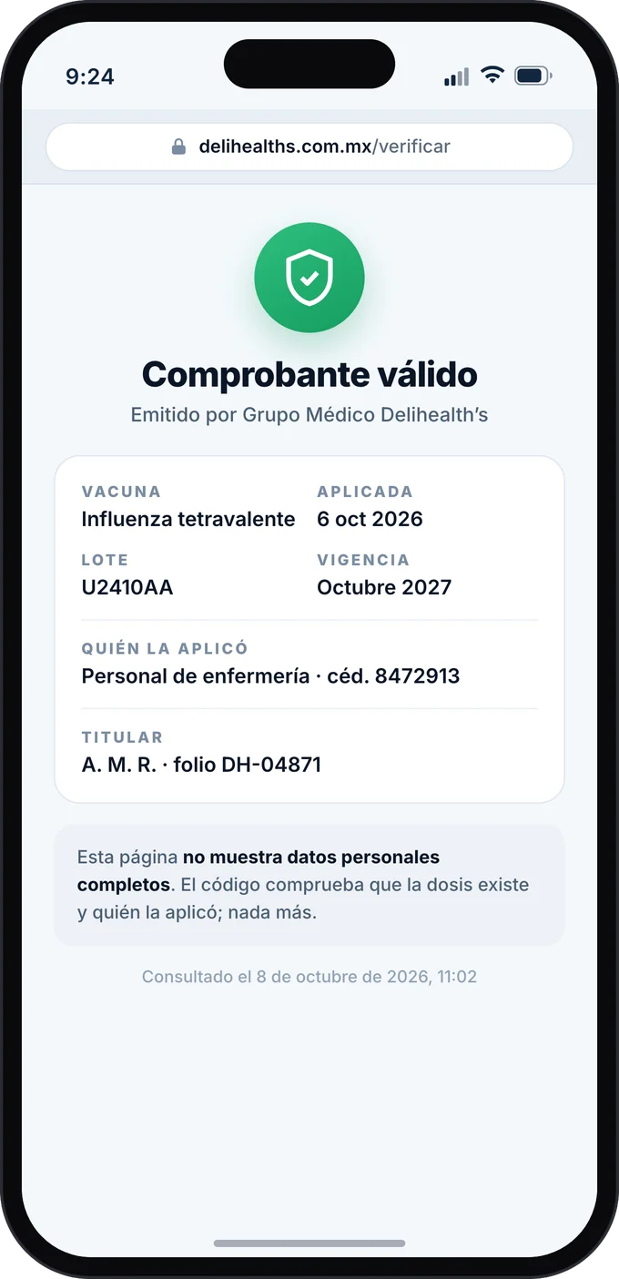 Página pública de verificación: comprobante válido emitido por Grupo Médico Delihealth's, con vacuna, fecha, lote, vigencia y las iniciales del titular.
