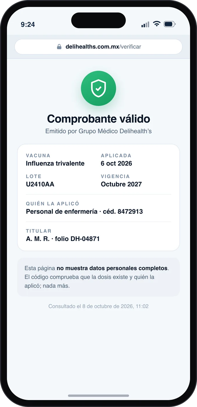 Public verification page: the QR confirms the dose exists, without showing full personal data.