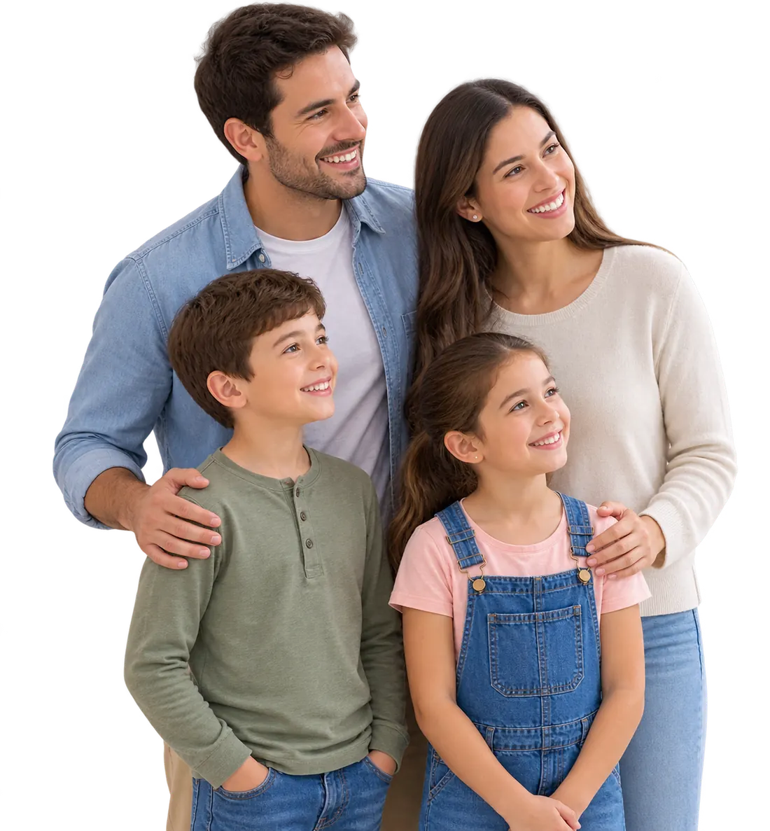 A family of four — mother, father, a boy and a girl — smiling, arm in arm.