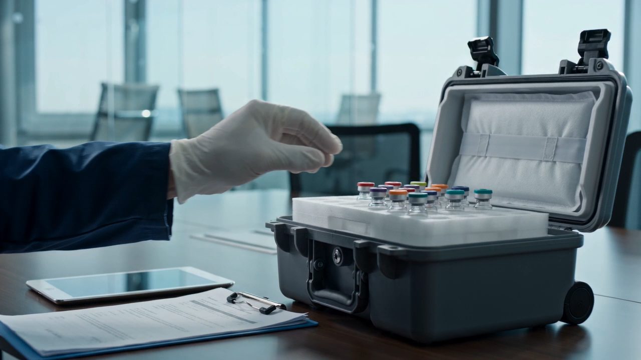 An open vaccine transport cooler on a meeting-room table, with the vials in their rack between cold packs.