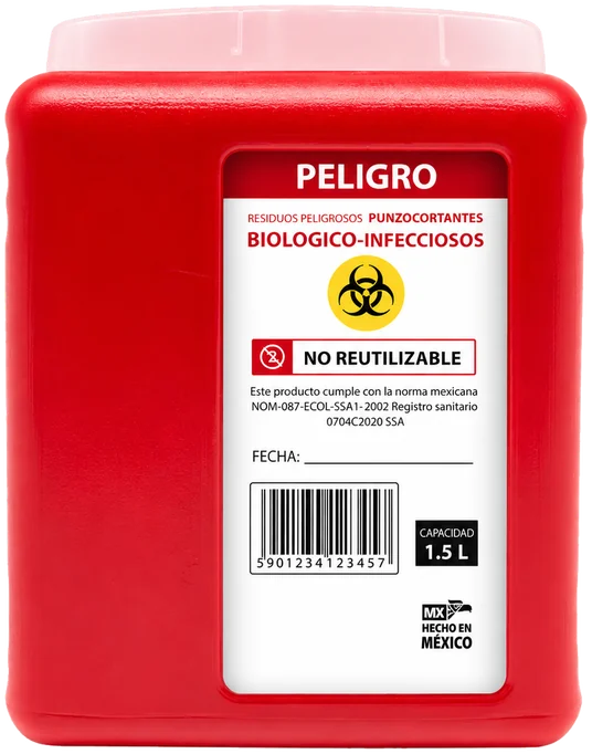 A rigid red sharps container, labelled for hazardous biological-infectious waste and marked with the biohazard symbol.