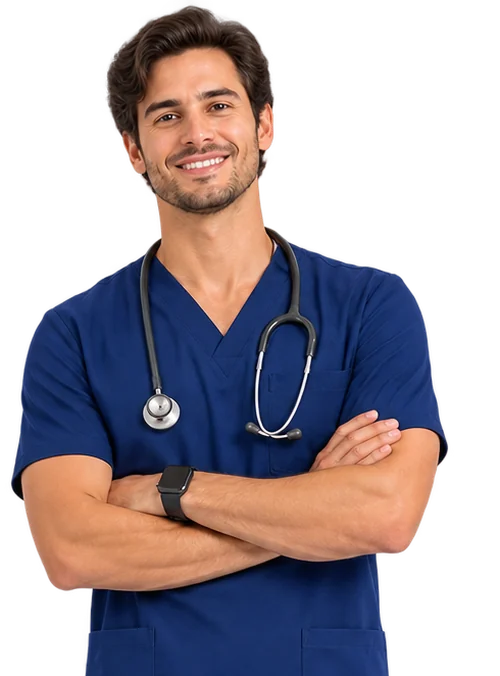 A member of the Delihealth’s clinical team, in scrubs and with a stethoscope.