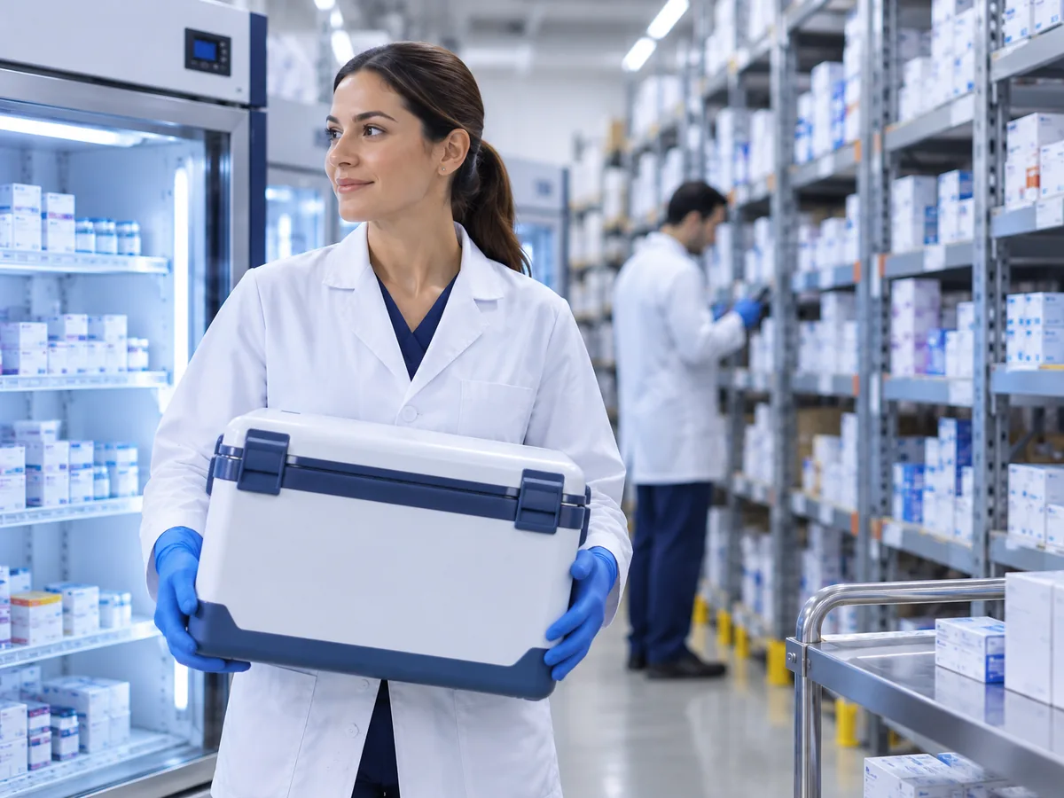 A Delihealth’s pharmacist stepping out of the cold room with a thermal container, in the DeliFarma warehouse