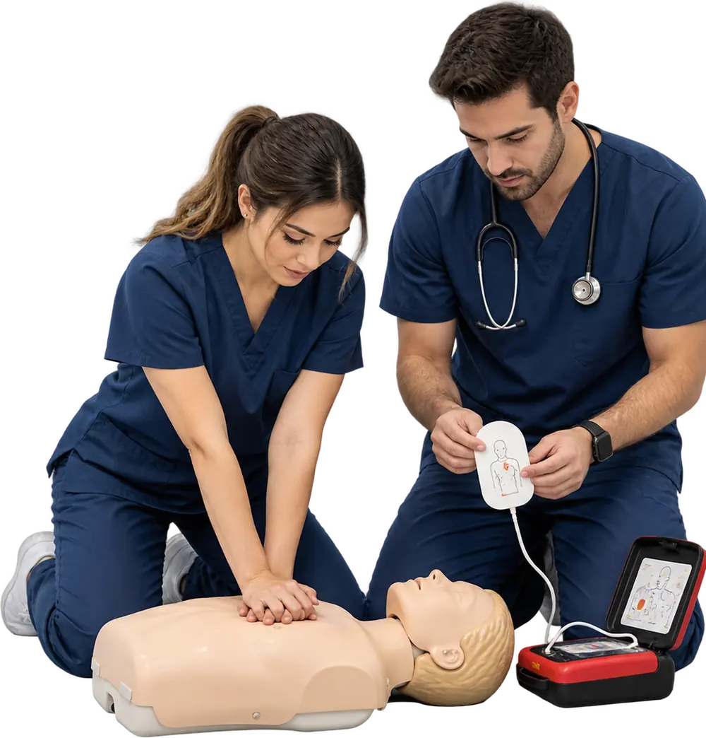 Dos integrantes del equipo clínico practican reanimación cardiopulmonar sobre un maniquí mientras preparan los parches de un desfibrilador automático.