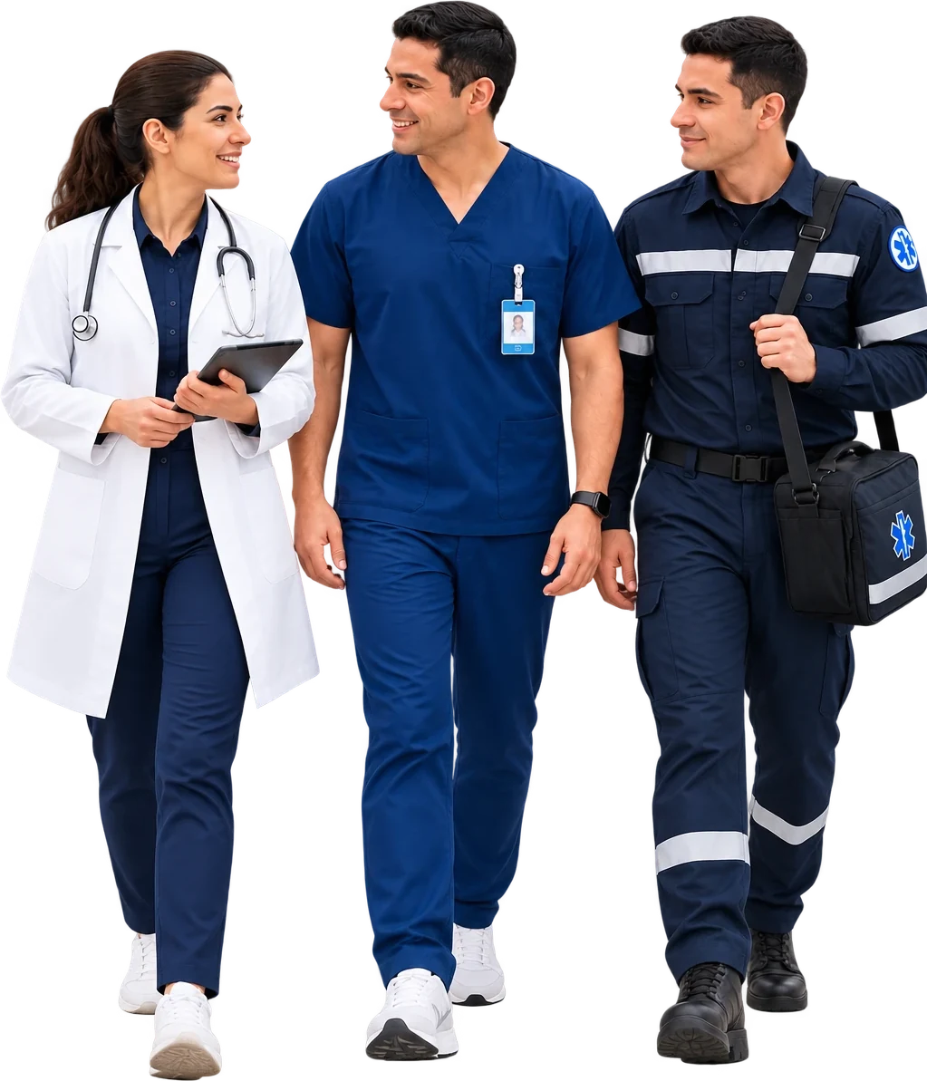 Una médica con bata y tableta, un enfermero con pijama quirúrgica y un paramédico con maletín, caminando juntos.