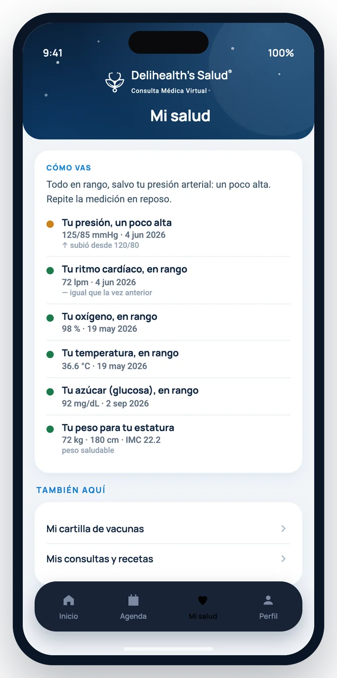 Pantalla Mi salud de la App Delihealth’s con los signos vitales del colaborador y su lectura en palabras.
