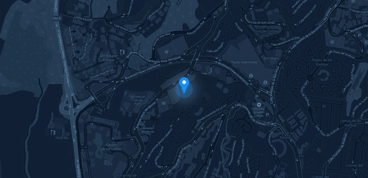 Map of Interlomas with Delihealth's head office marked at Av. Jesús del Monte 39, at the corner of Boulevard Paseo Interlomas.