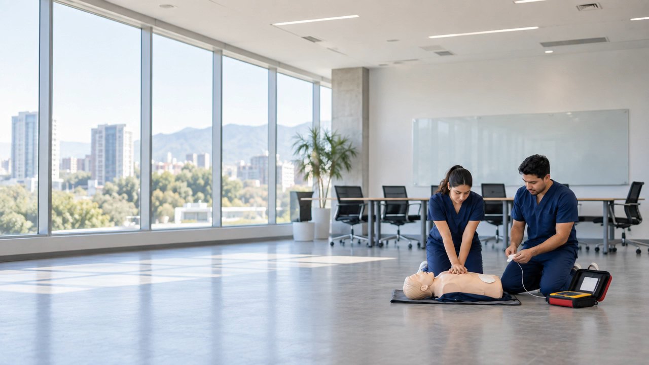 Dos integrantes del equipo clínico practican reanimación cardiopulmonar sobre un maniquí en una sala de capacitación de una empresa.