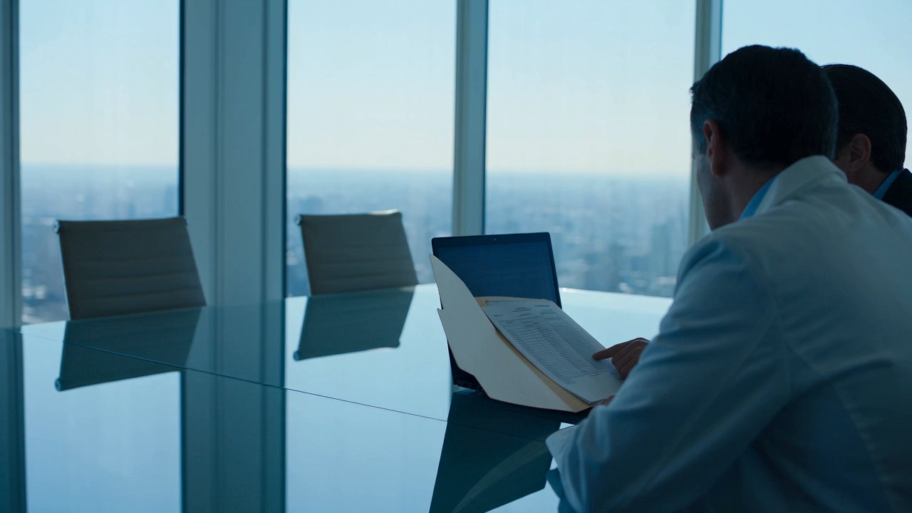 Two members of the Delihealth’s team going over a proposal with a company’s head of Human Resources, at a meeting room table.