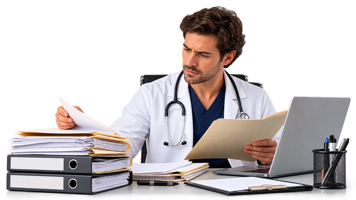 Médico revisando expedientes en papel sobre su escritorio, entre carpetas y archivadores apilados